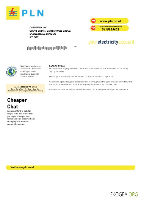 Modèle de facture de services publics d'électricité indonésienne PLN aux formats Word et PDF